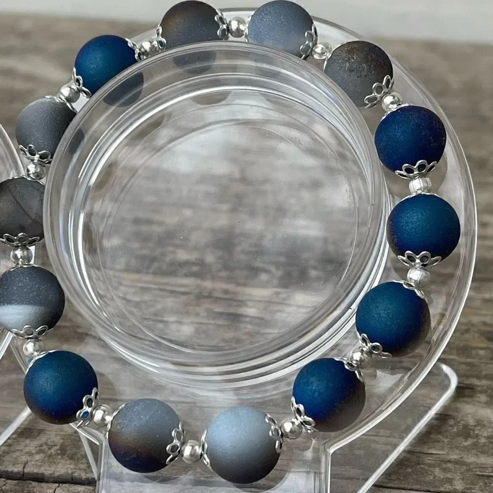 Druzy Peacock Aura Agate Crystal 10mm NEW blue purple white gold bracelet ONE st